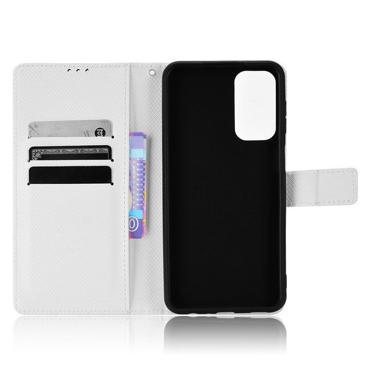 For Samsung Galaxy M23 5G/F23 5G Flip PU Leather Wallet Booklet Case Diamond Texture Stand View Cover with Strap - White
