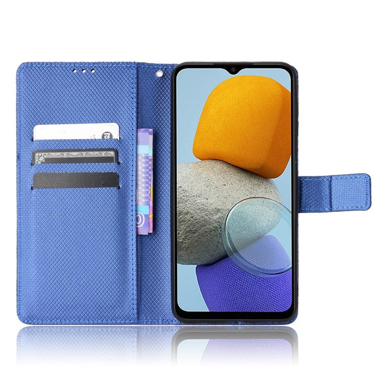 For Samsung Galaxy M23 5G/F23 5G Flip PU Leather Wallet Booklet Case Diamond Texture Stand View Cover with Strap - Blue