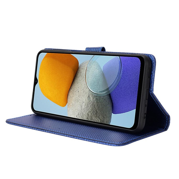 For Samsung Galaxy M23 5G/F23 5G Flip PU Leather Wallet Booklet Case Diamond Texture Stand View Cover with Strap - Blue