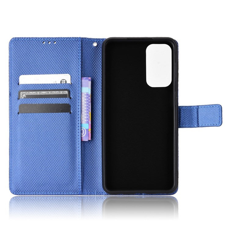For Samsung Galaxy M23 5G/F23 5G Flip PU Leather Wallet Booklet Case Diamond Texture Stand View Cover with Strap - Blue