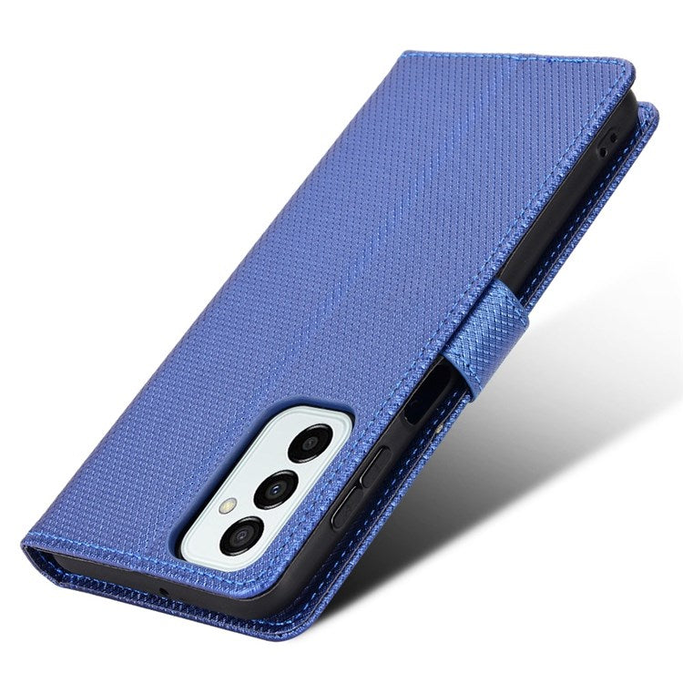 For Samsung Galaxy M23 5G/F23 5G Flip PU Leather Wallet Booklet Case Diamond Texture Stand View Cover with Strap - Blue