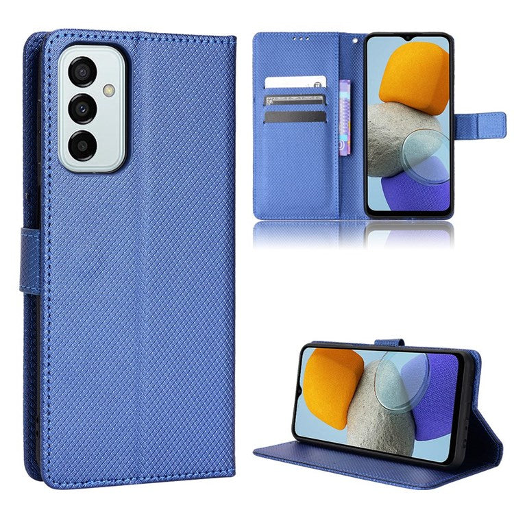 For Samsung Galaxy M23 5G/F23 5G Flip PU Leather Wallet Booklet Case Diamond Texture Stand View Cover with Strap - Blue