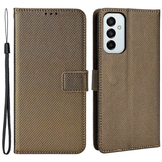 For Samsung Galaxy M23 5G/F23 5G Flip PU Leather Wallet Booklet Case Diamond Texture Stand View Cover with Strap - Brown
