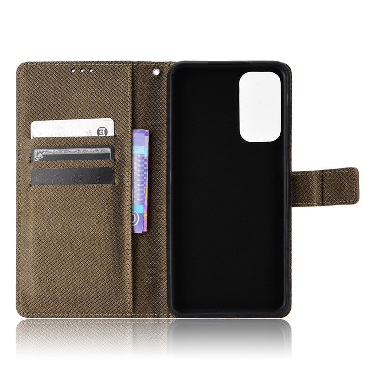 For Samsung Galaxy M23 5G/F23 5G Flip PU Leather Wallet Booklet Case Diamond Texture Stand View Cover with Strap - Brown