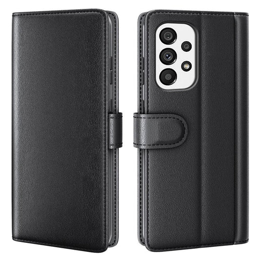 For Samsung Galaxy A33 5G Stand Wallet Phone Case Split Leather Genuine Leather Folio Flip Protective Cover - Black