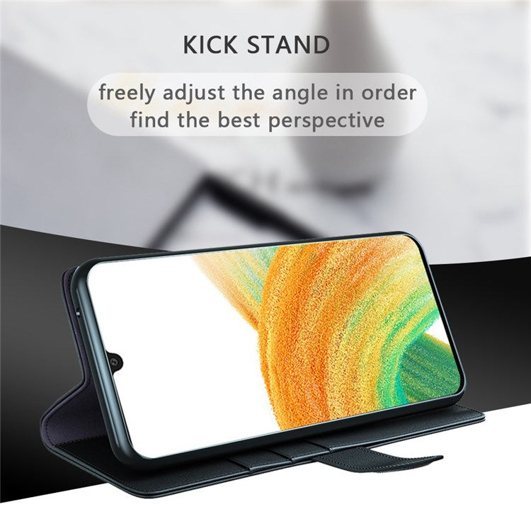 For Samsung Galaxy A33 5G Stand Wallet Phone Case Split Leather Genuine Leather Folio Flip Protective Cover - Black