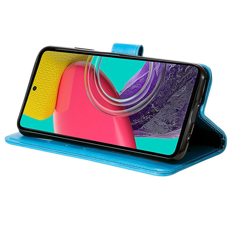For Samsung Galaxy M53 5G Shockproof Wallet Stand Design Imprinted Flower PU Leather Phone Flip Cover Phone Case - Blue