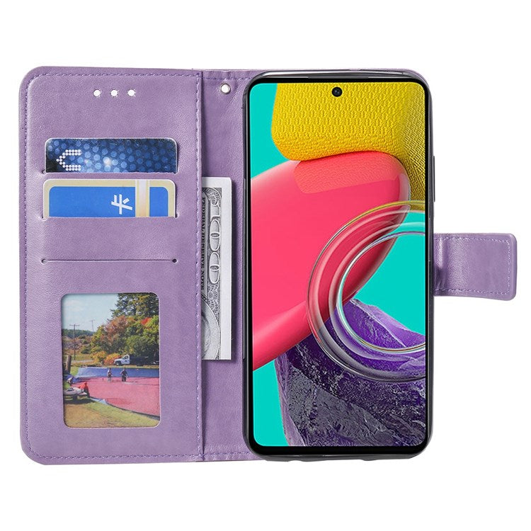 For Samsung Galaxy M53 5G Shockproof Wallet Stand Design Imprinted Flower PU Leather Phone Flip Cover Phone Case - Purple