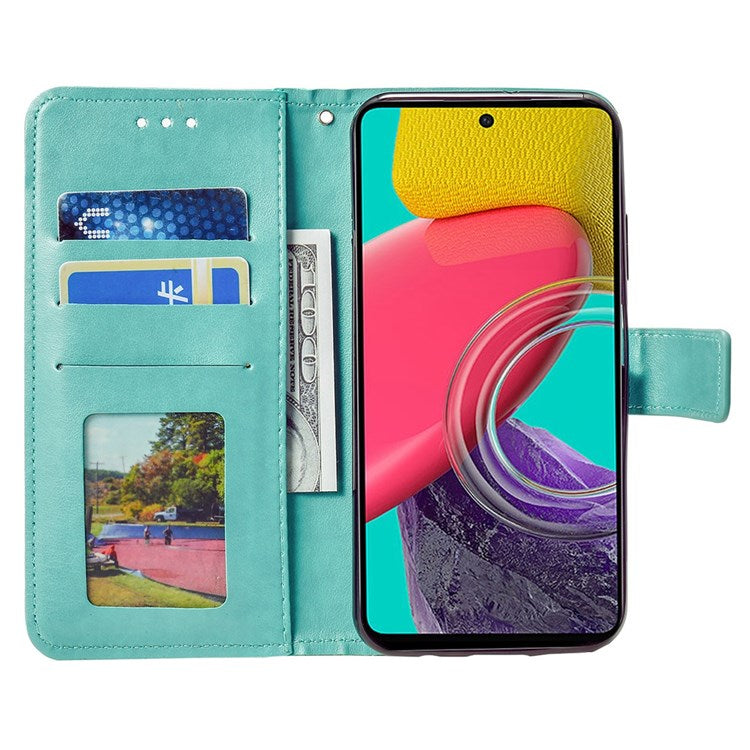 For Samsung Galaxy M53 5G Shockproof Wallet Stand Design Imprinted Flower PU Leather Phone Flip Cover Phone Case - Green