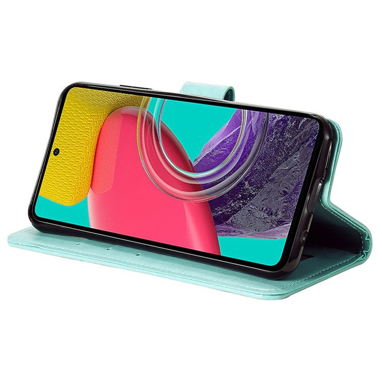 For Samsung Galaxy M53 5G Shockproof Wallet Stand Design Imprinted Flower PU Leather Phone Flip Cover Phone Case - Green