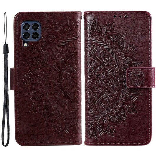 For Samsung Galaxy M53 5G Shockproof Wallet Stand Design Imprinted Flower PU Leather Phone Flip Cover Phone Case - Brown