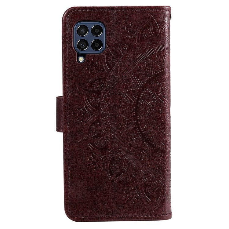 For Samsung Galaxy M53 5G Shockproof Wallet Stand Design Imprinted Flower PU Leather Phone Flip Cover Phone Case - Brown