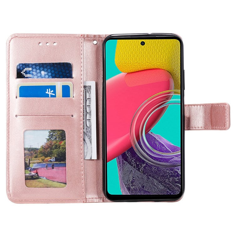 For Samsung Galaxy M53 5G Shockproof Wallet Stand Design Imprinted Flower PU Leather Phone Flip Cover Phone Case - Rose Gold