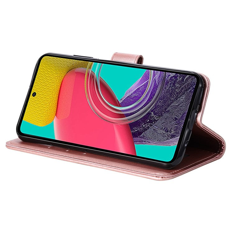 For Samsung Galaxy M53 5G Shockproof Wallet Stand Design Imprinted Flower PU Leather Phone Flip Cover Phone Case - Rose Gold