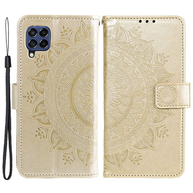 For Samsung Galaxy M53 5G Shockproof Wallet Stand Design Imprinted Flower PU Leather Phone Flip Cover Phone Case - Gold