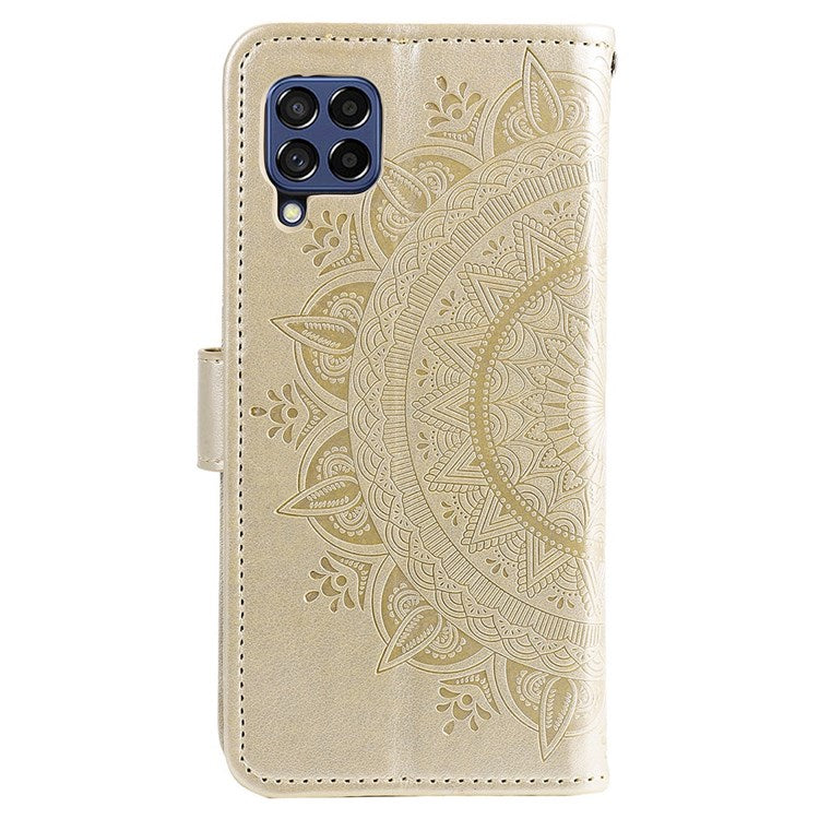 For Samsung Galaxy M53 5G Shockproof Wallet Stand Design Imprinted Flower PU Leather Phone Flip Cover Phone Case - Gold