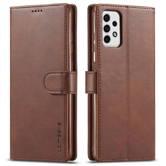 LC.IMEEKE for Samsung Galaxy A23 4G / 5G (Global Version) / M23 5G / F23 5G Shockproof Textured PU Leather Flip Folio Stand Wallet Case Mobile Phone Case Cover - Brown
