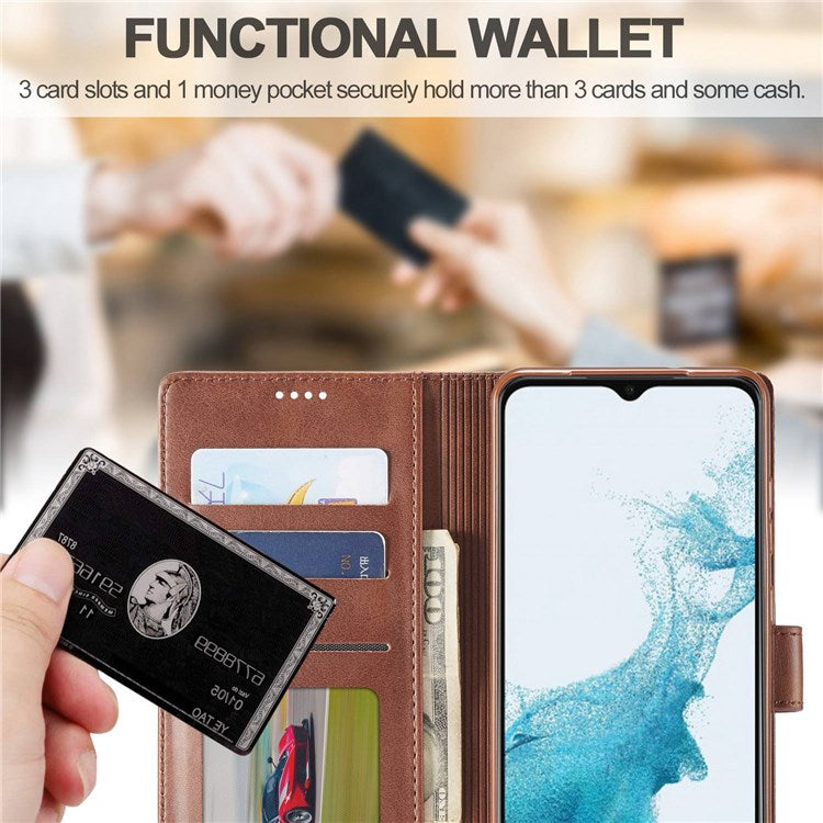 LC.IMEEKE for Samsung Galaxy A23 4G / 5G (Global Version) / M23 5G / F23 5G Shockproof Textured PU Leather Flip Folio Stand Wallet Case Mobile Phone Case Cover - Brown
