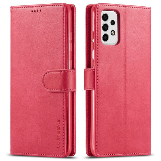 LC.IMEEKE for Samsung Galaxy A23 4G / 5G (Global Version) / M23 5G / F23 5G Shockproof Textured PU Leather Flip Folio Stand Wallet Case Mobile Phone Case Cover - Red
