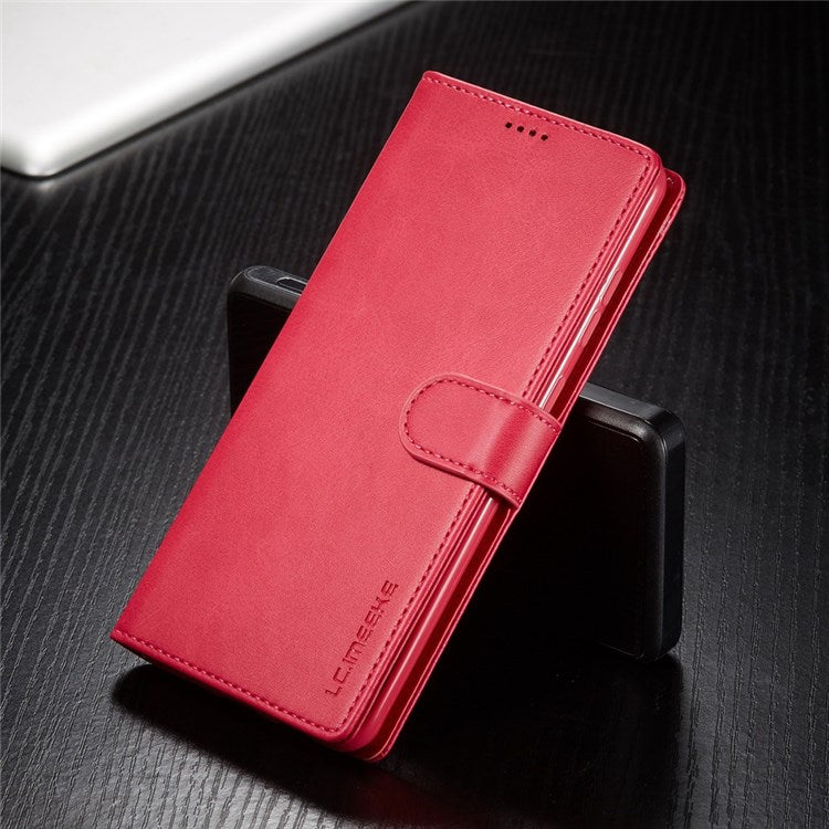 LC.IMEEKE for Samsung Galaxy A23 4G / 5G (Global Version) / M23 5G / F23 5G Shockproof Textured PU Leather Flip Folio Stand Wallet Case Mobile Phone Case Cover - Red