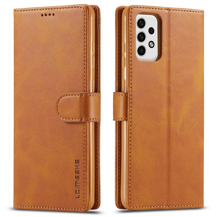 LC.IMEEKE for Samsung Galaxy A23 4G / 5G (Global Version) / M23 5G / F23 5G Shockproof Textured PU Leather Flip Folio Stand Wallet Case Mobile Phone Case Cover - Light Brown