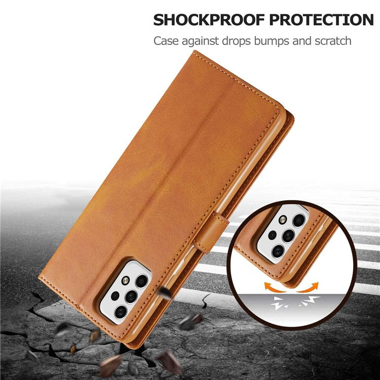 LC.IMEEKE for Samsung Galaxy A23 4G / 5G (Global Version) / M23 5G / F23 5G Shockproof Textured PU Leather Flip Folio Stand Wallet Case Mobile Phone Case Cover - Light Brown