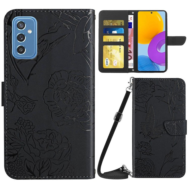 For Samsung Galaxy M52 5G Smartphone Case, Skin-touch Feel PU Leather Butterfly and Flower Imprinting Pattern Supporting Stand Wallet Phone Cover with Shoulder Strap - Black