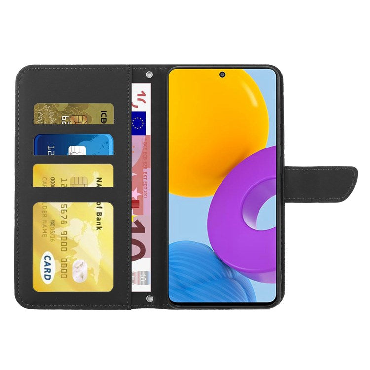 For Samsung Galaxy M52 5G Smartphone Case, Skin-touch Feel PU Leather Butterfly and Flower Imprinting Pattern Supporting Stand Wallet Phone Cover with Shoulder Strap - Black