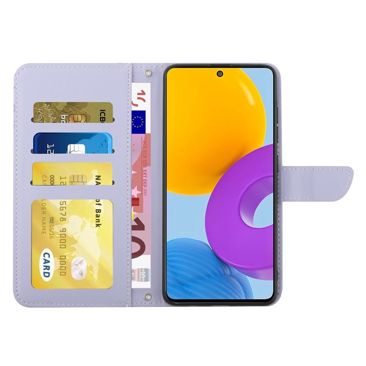 For Samsung Galaxy M52 5G Smartphone Case, Skin-touch Feel PU Leather Butterfly and Flower Imprinting Pattern Supporting Stand Wallet Phone Cover with Shoulder Strap - Light Purple