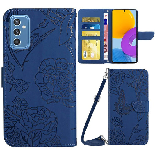 For Samsung Galaxy M52 5G Smartphone Case, Skin-touch Feel PU Leather Butterfly and Flower Imprinting Pattern Supporting Stand Wallet Phone Cover with Shoulder Strap - Blue