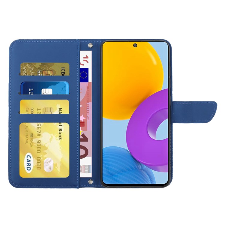 For Samsung Galaxy M52 5G Smartphone Case, Skin-touch Feel PU Leather Butterfly and Flower Imprinting Pattern Supporting Stand Wallet Phone Cover with Shoulder Strap - Blue