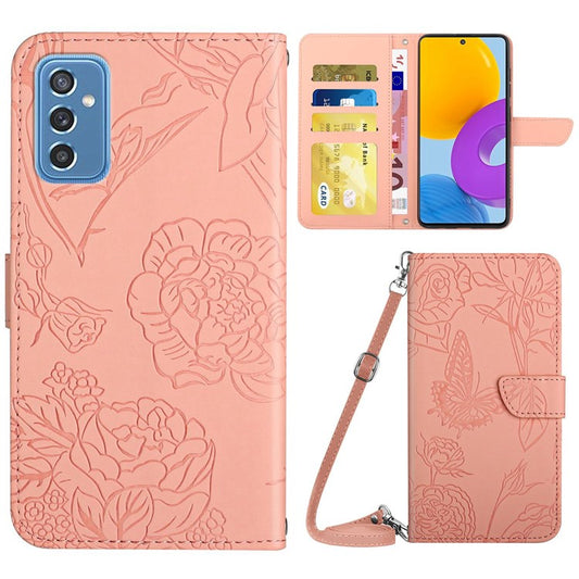 For Samsung Galaxy M52 5G Smartphone Case, Skin-touch Feel PU Leather Butterfly and Flower Imprinting Pattern Supporting Stand Wallet Phone Cover with Shoulder Strap - Pink