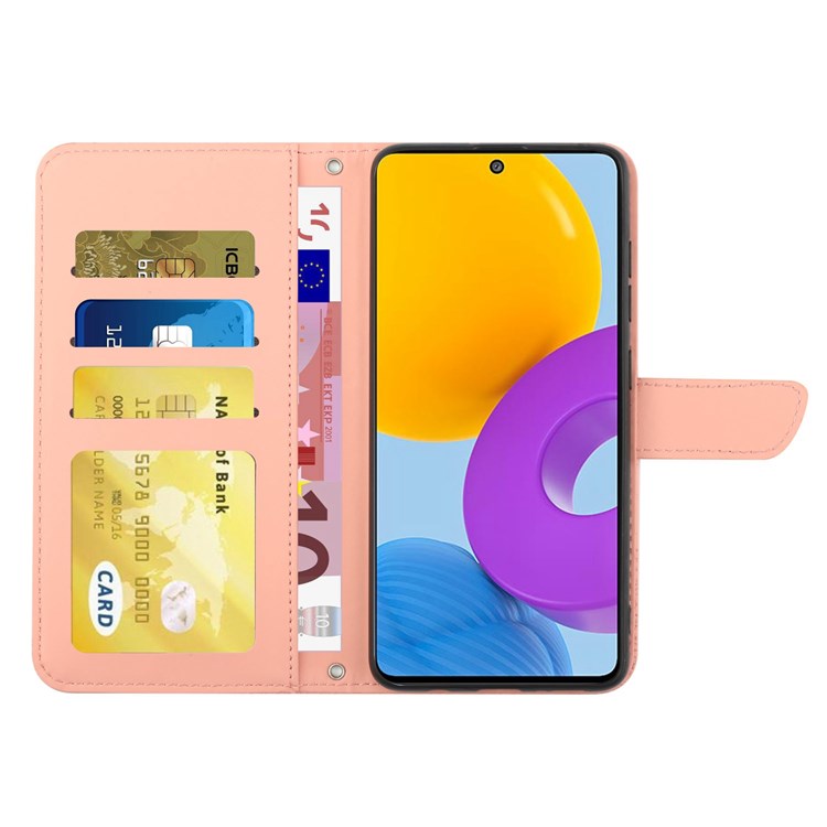 For Samsung Galaxy M52 5G Smartphone Case, Skin-touch Feel PU Leather Butterfly and Flower Imprinting Pattern Supporting Stand Wallet Phone Cover with Shoulder Strap - Pink