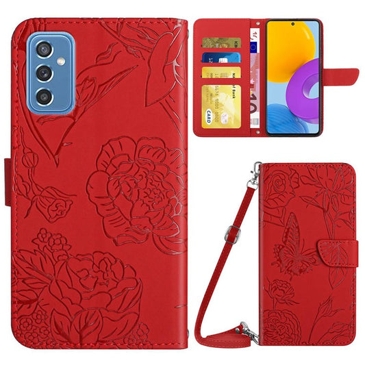 For Samsung Galaxy M52 5G Smartphone Case, Skin-touch Feel PU Leather Butterfly and Flower Imprinting Pattern Supporting Stand Wallet Phone Cover with Shoulder Strap - Red