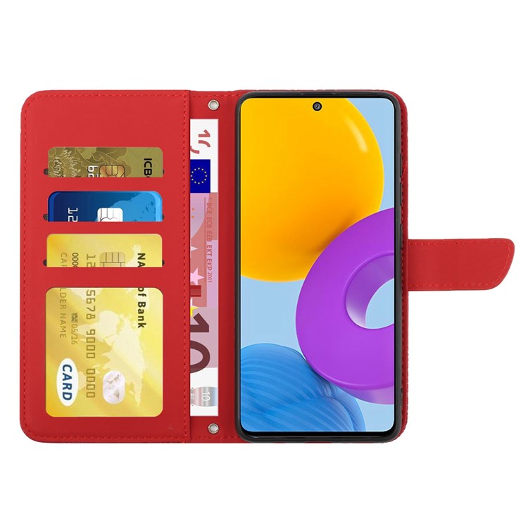 For Samsung Galaxy M52 5G Smartphone Case, Skin-touch Feel PU Leather Butterfly and Flower Imprinting Pattern Supporting Stand Wallet Phone Cover with Shoulder Strap - Red