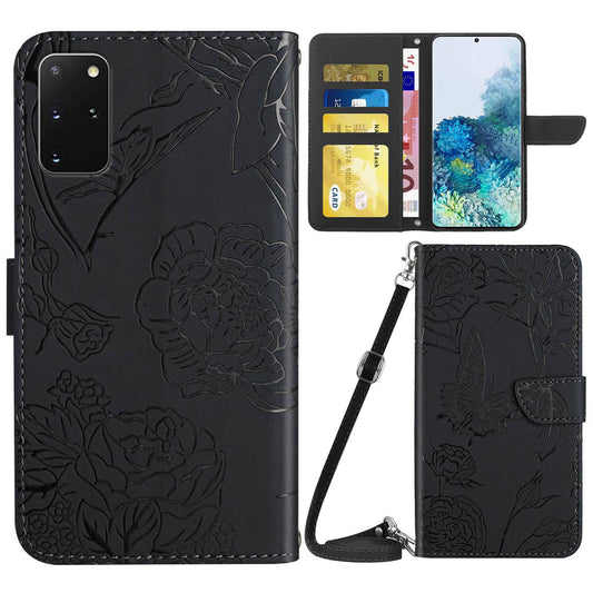 For Samsung Galaxy S20 Plus 4G/5G Skin-touch Wallet Stand PU Leather Case Butterfly Flower Imprinted Phone Cover with Shoulder Strap - Black