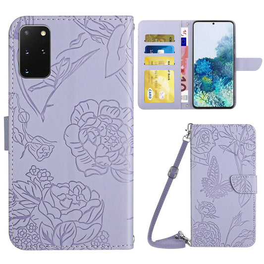 For Samsung Galaxy S20 Plus 4G/5G Skin-touch Wallet Stand PU Leather Case Butterfly Flower Imprinted Phone Cover with Shoulder Strap - Light Purple
