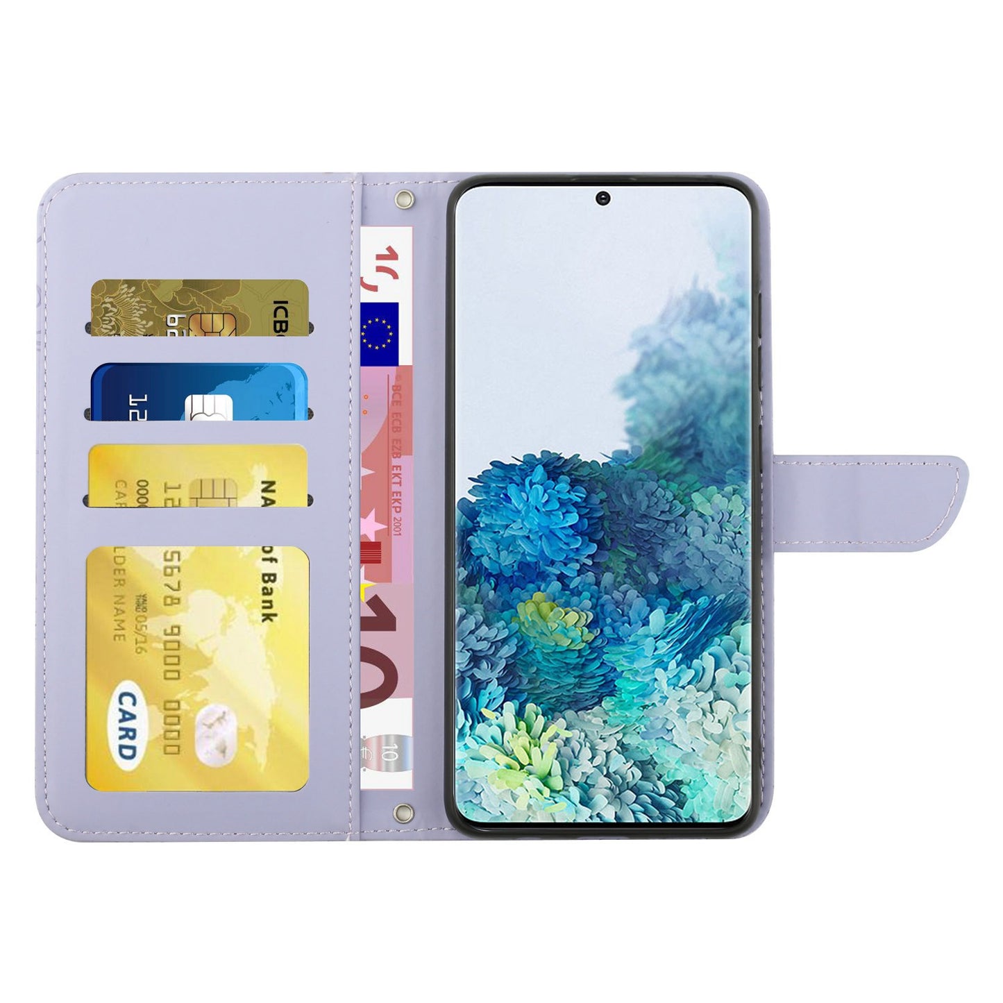 For Samsung Galaxy S20 Plus 4G/5G Skin-touch Wallet Stand PU Leather Case Butterfly Flower Imprinted Phone Cover with Shoulder Strap - Light Purple