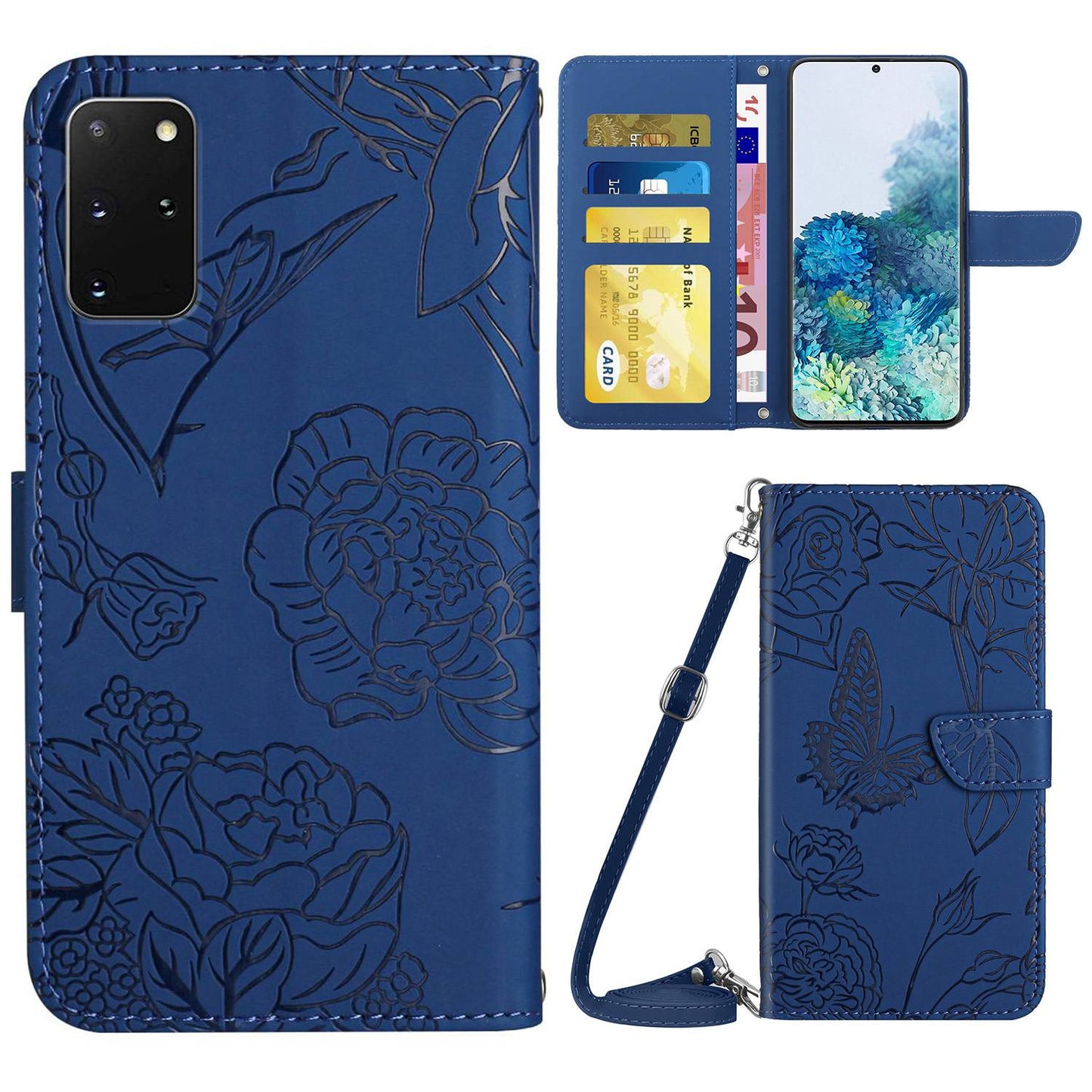 For Samsung Galaxy S20 Plus 4G/5G Skin-touch Wallet Stand PU Leather Case Butterfly Flower Imprinted Phone Cover with Shoulder Strap - Blue