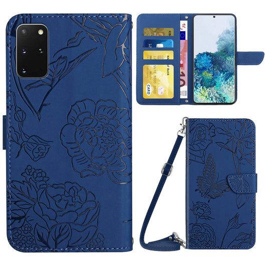 For Samsung Galaxy S20 Plus 4G/5G Skin-touch Wallet Stand PU Leather Case Butterfly Flower Imprinted Phone Cover with Shoulder Strap - Blue
