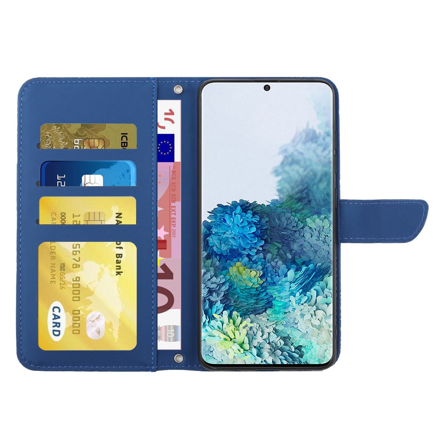 For Samsung Galaxy S20 Plus 4G/5G Skin-touch Wallet Stand PU Leather Case Butterfly Flower Imprinted Phone Cover with Shoulder Strap - Blue