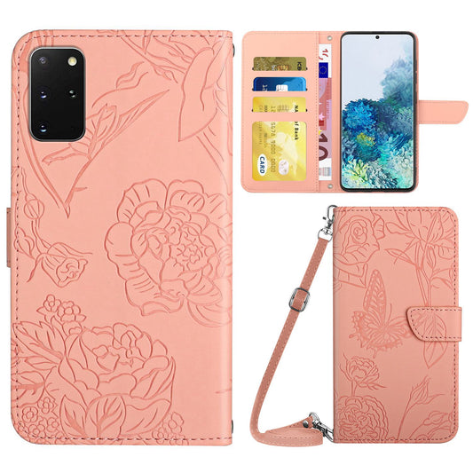 For Samsung Galaxy S20 Plus 4G/5G Skin-touch Wallet Stand PU Leather Case Butterfly Flower Imprinted Phone Cover with Shoulder Strap - Pink