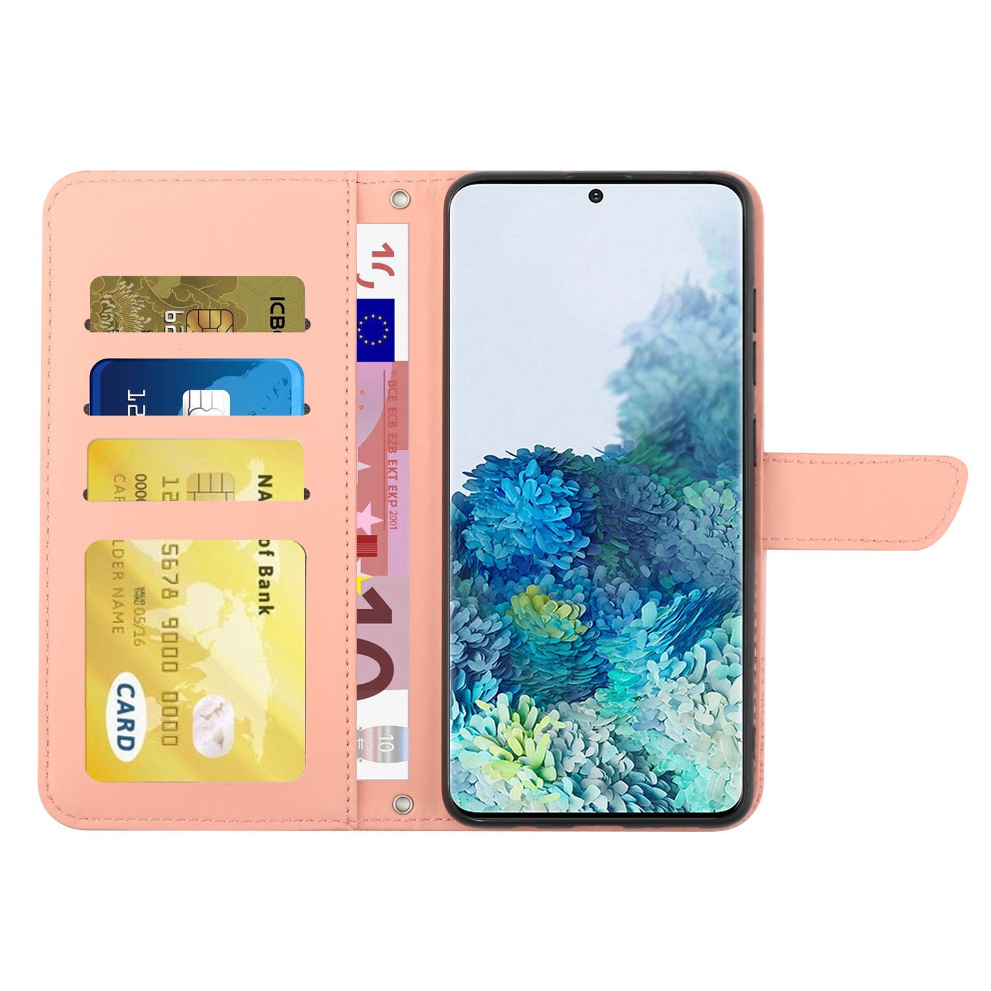 For Samsung Galaxy S20 Plus 4G/5G Skin-touch Wallet Stand PU Leather Case Butterfly Flower Imprinted Phone Cover with Shoulder Strap - Pink