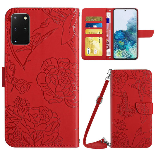 For Samsung Galaxy S20 Plus 4G/5G Skin-touch Wallet Stand PU Leather Case Butterfly Flower Imprinted Phone Cover with Shoulder Strap - Red