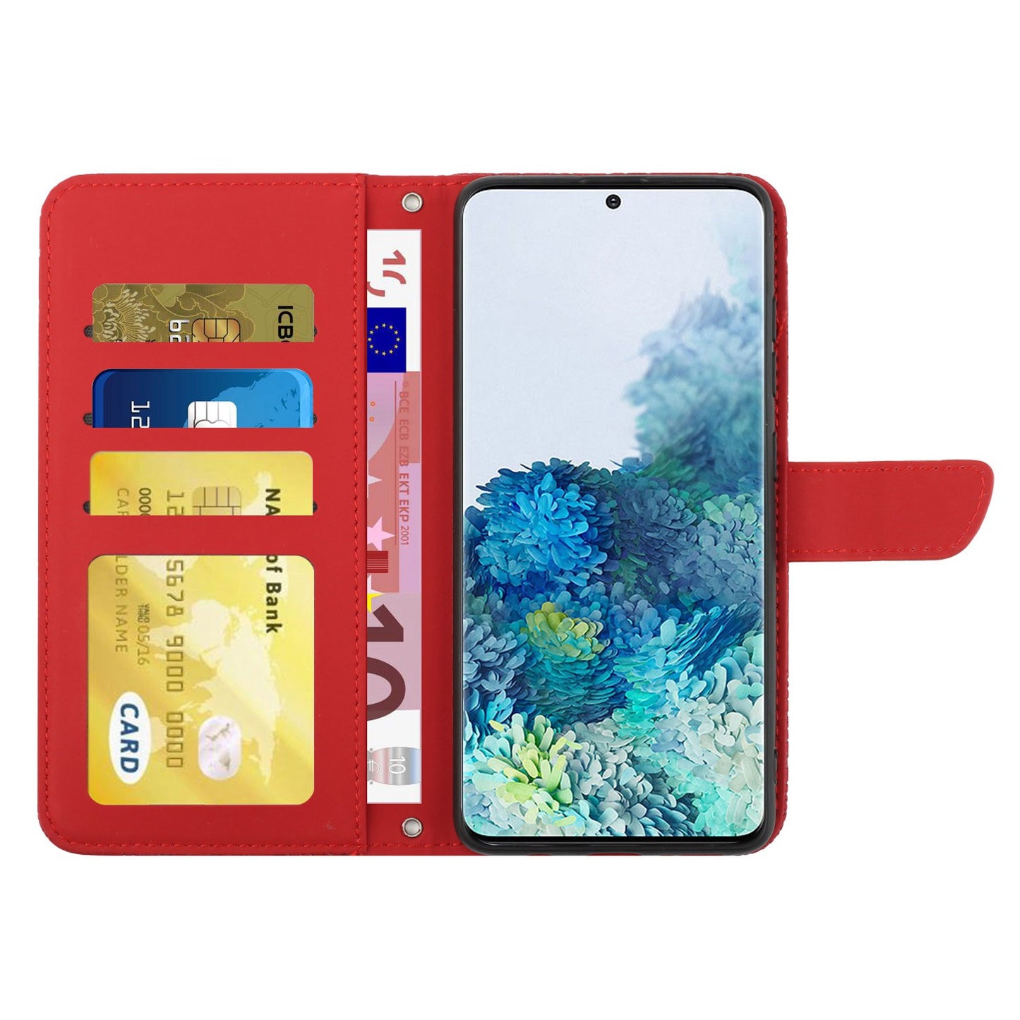 For Samsung Galaxy S20 Plus 4G/5G Skin-touch Wallet Stand PU Leather Case Butterfly Flower Imprinted Phone Cover with Shoulder Strap - Red