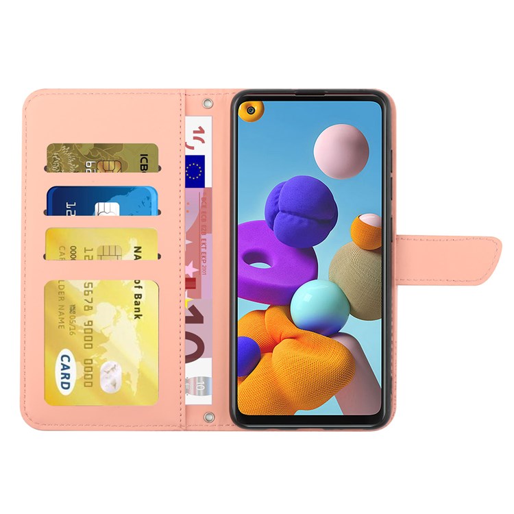 Skin-touch Feeling PU Leather Phone Case for Samsung Galaxy A21s (EU Version), Flower Butterflies Pattern Imprinting Design Hands-free Stand Wallet Cover with Shoulder Strap - Pink