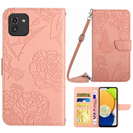 Cell Phone Cover Shell for Samsung Galaxy A03 (166.5 x 75.98 x 9.14mm), Skin-touch Feeling PU Leather Pattern Imprinting Design Hands-free Stand Wallet Phone Cover with Shoulder Strap - Pink