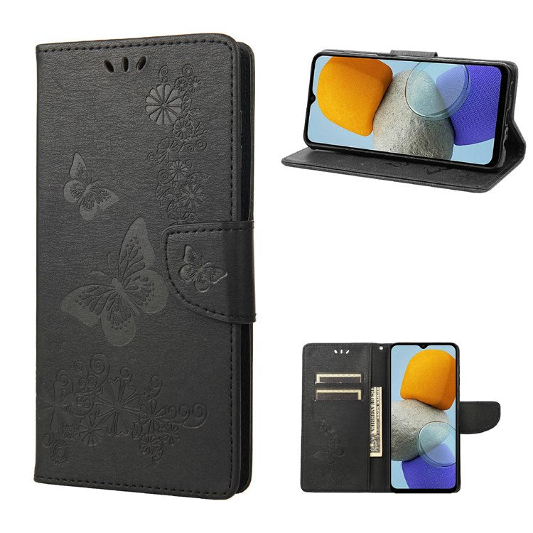 For Samsung Galaxy M23 5G/F23 5G PU Leather Butterfly Flower Imprinted Case Stand Wallet Design Protective Phone Cover - Black