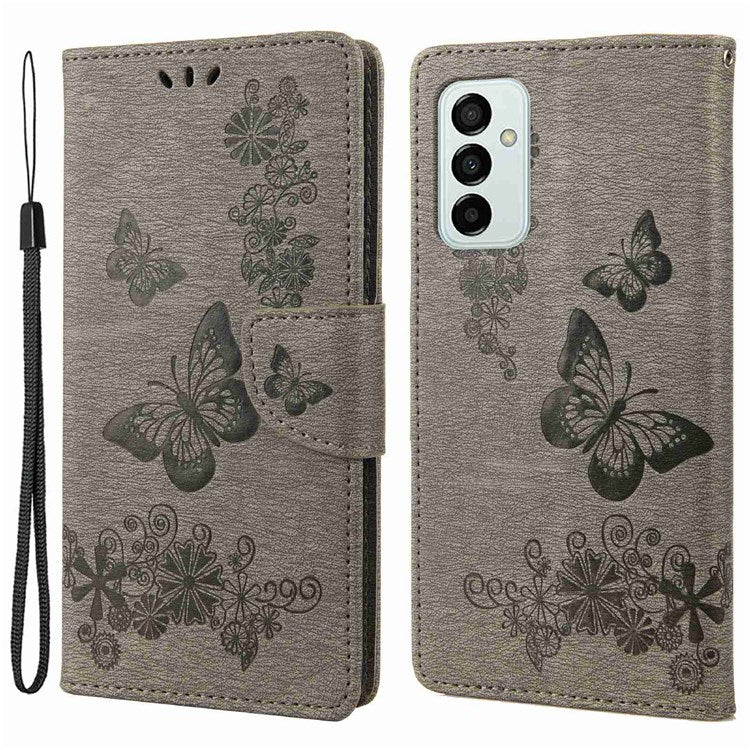 For Samsung Galaxy M23 5G/F23 5G PU Leather Butterfly Flower Imprinted Case Stand Wallet Design Protective Phone Cover - Grey