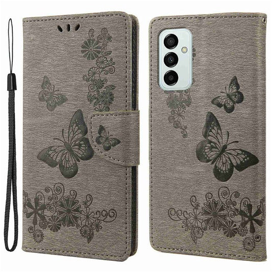 For Samsung Galaxy M23 5G/F23 5G PU Leather Butterfly Flower Imprinted Case Stand Wallet Design Protective Phone Cover - Grey